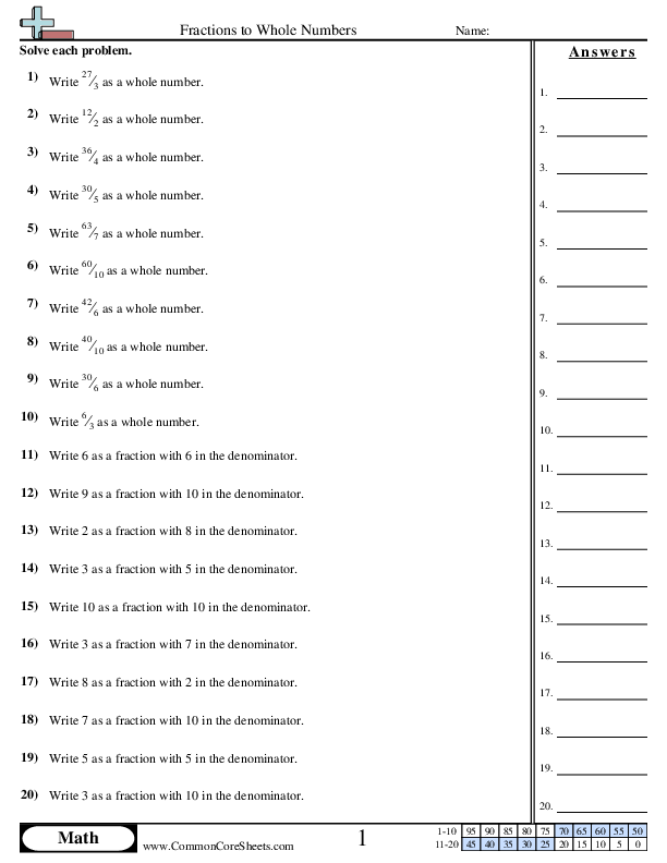 Fractions to Whole Numbers worksheet